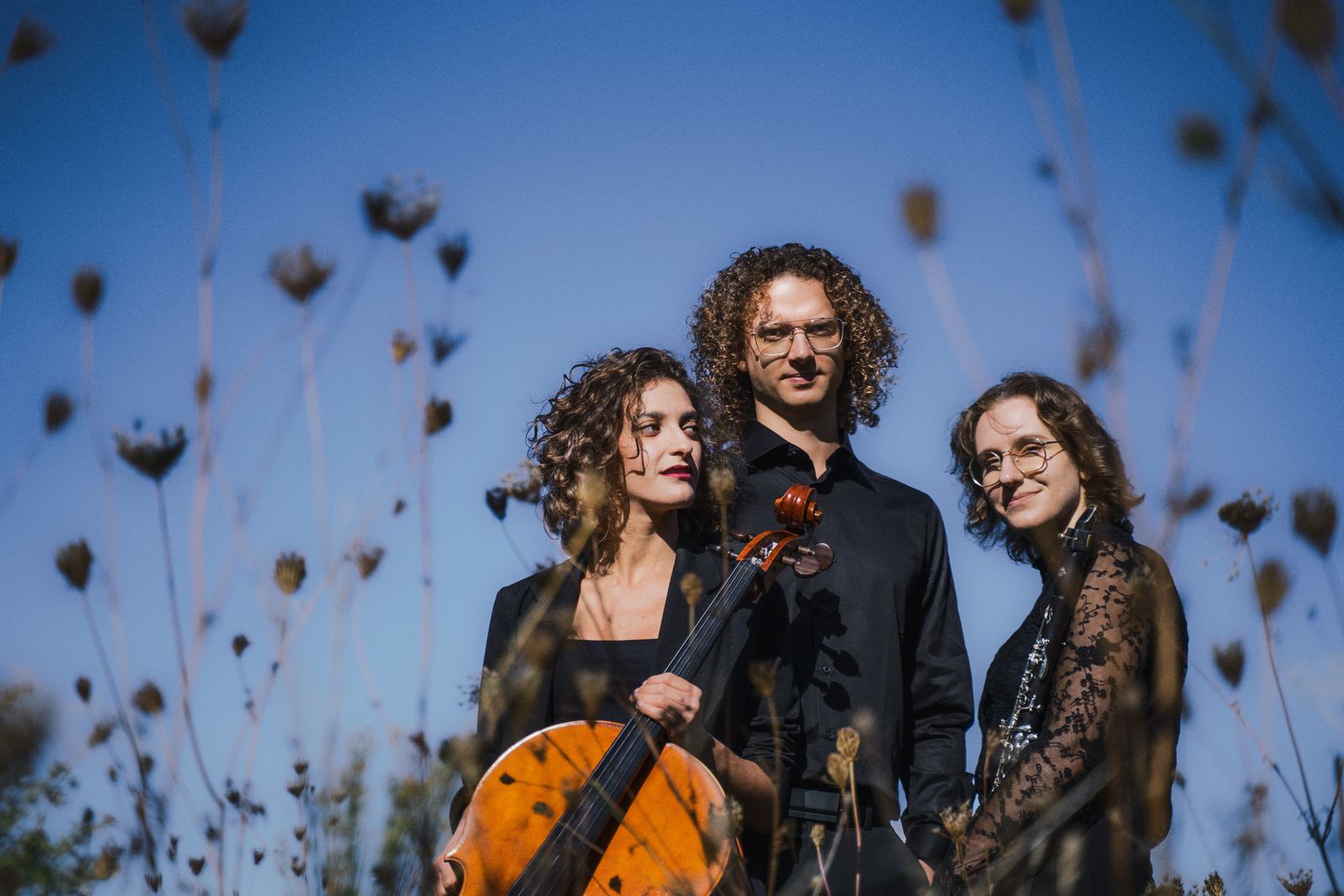 Tanma Trio performing outdoors at dusk
